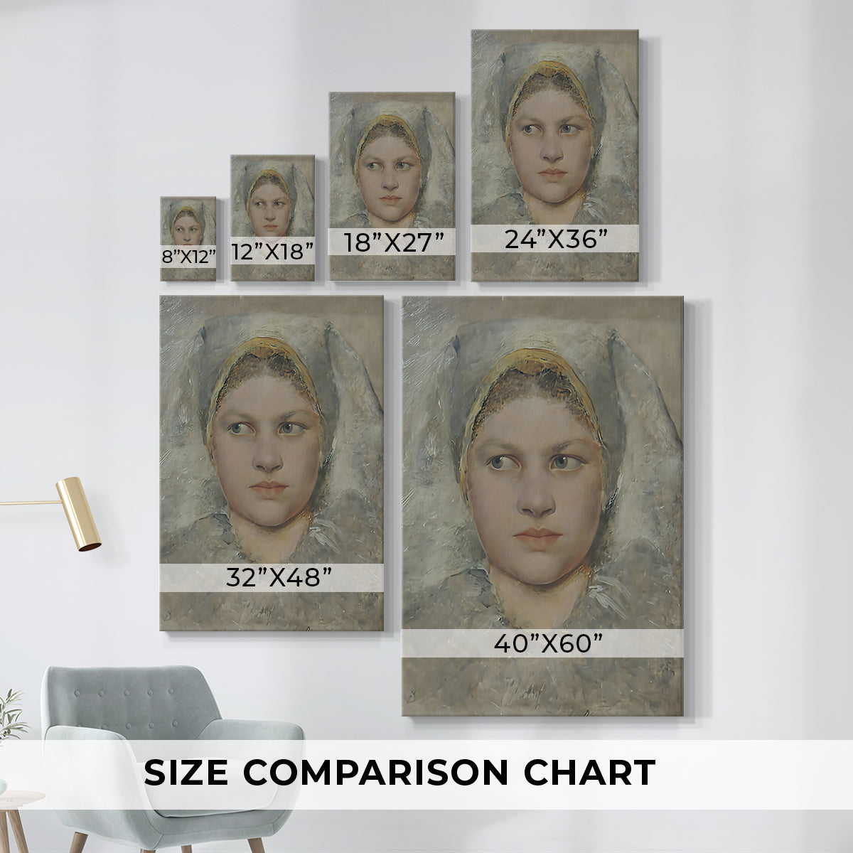 Size comparison chart for canvas art prints, showing multiple size options.