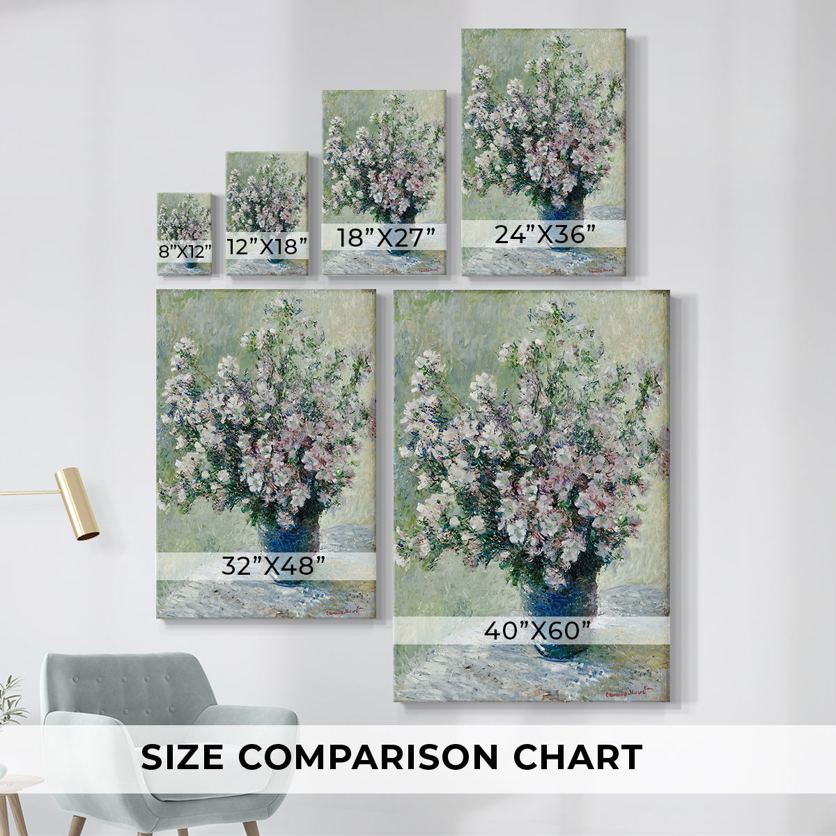 Size comparison chart for canvas art prints, showing multiple size options.