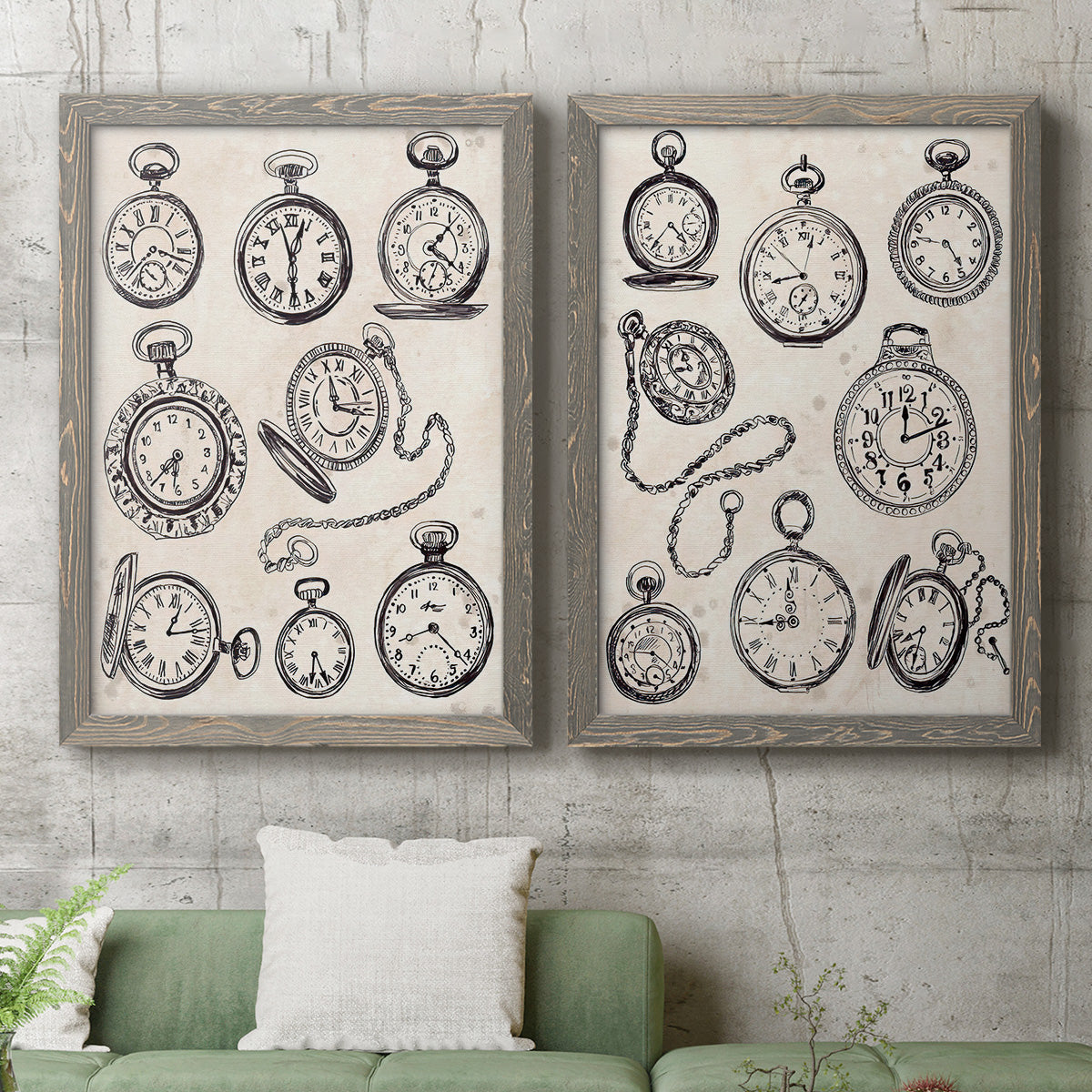 Pocket Watch Sketches I - Premium Framed Canvas 2 Piece Set - Ready to Hang