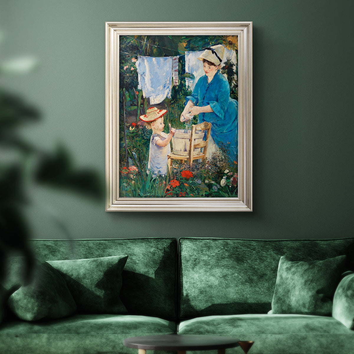 Intimate domestic genre scene by Édouard Manet in an ornate champagne frame displayed in a dark-toned interior setting.
