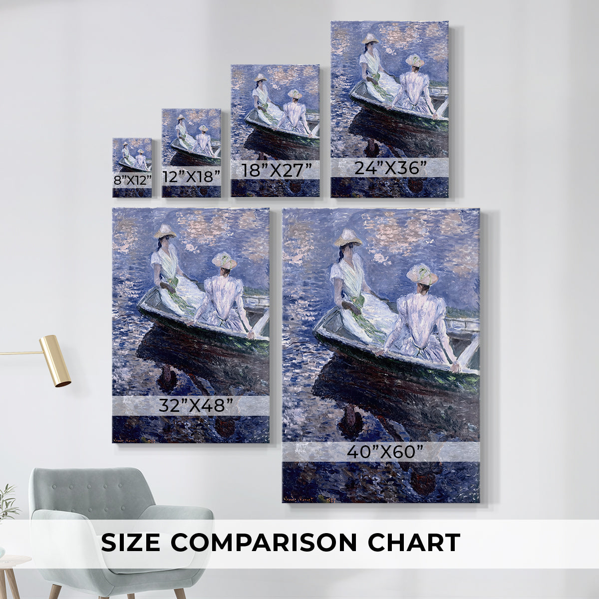 Size comparison chart for canvas art prints, showing multiple size options.