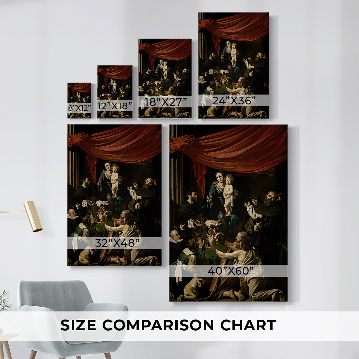 Size comparison chart for canvas art prints, showing multiple size options.