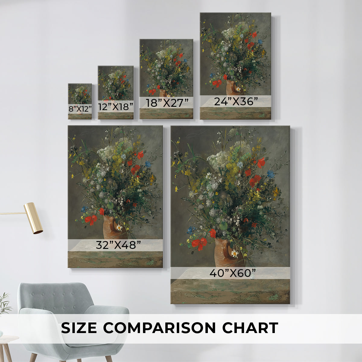 Size comparison chart for canvas art prints, showing multiple size options.