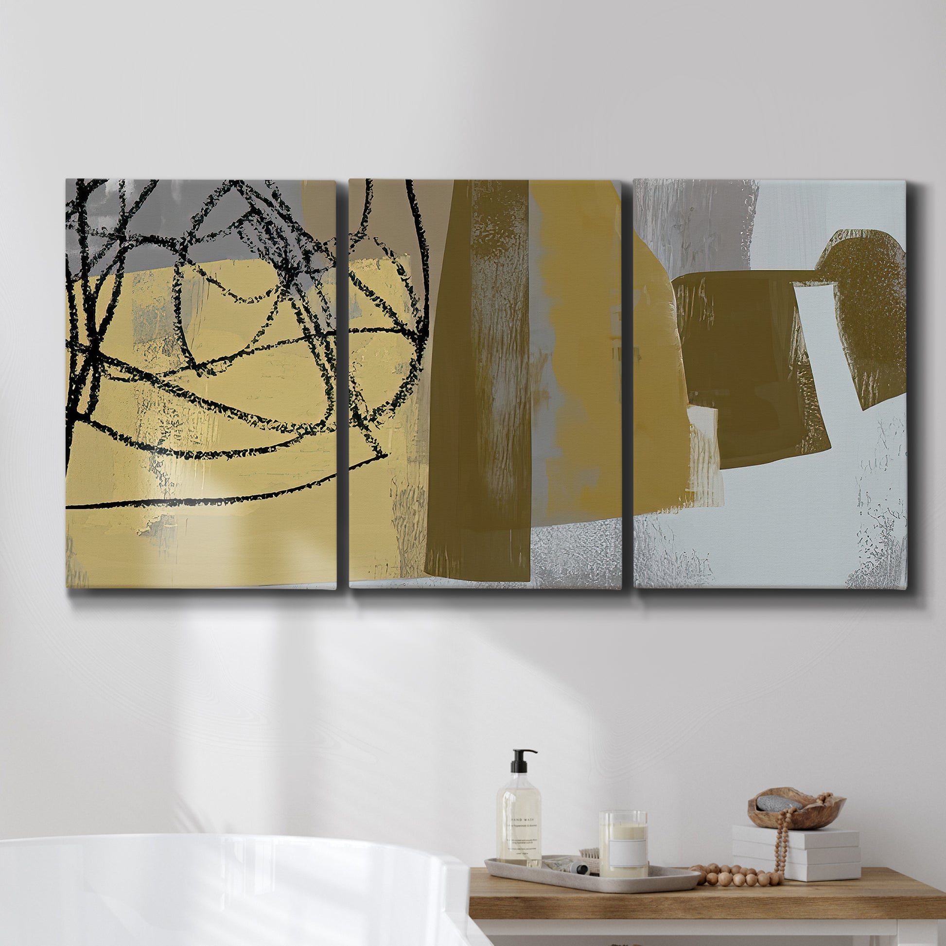 Three-panel canvas wall art featuring industrial abstract digital glitch pattern, displayed in a bathroom above a bathtub.