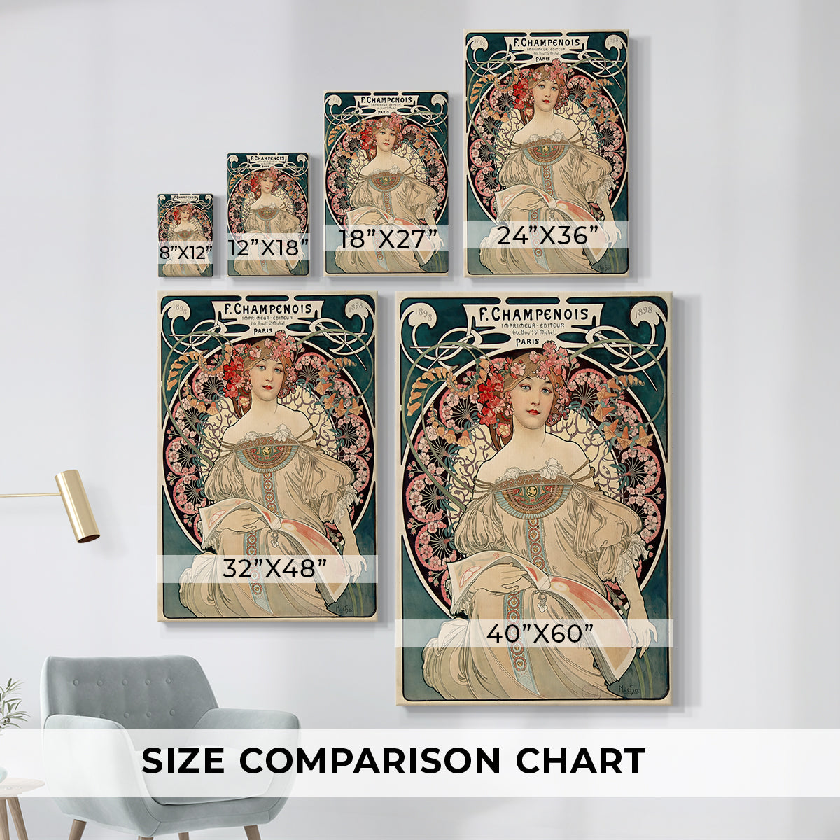Size comparison chart for canvas art prints, showing multiple size options.