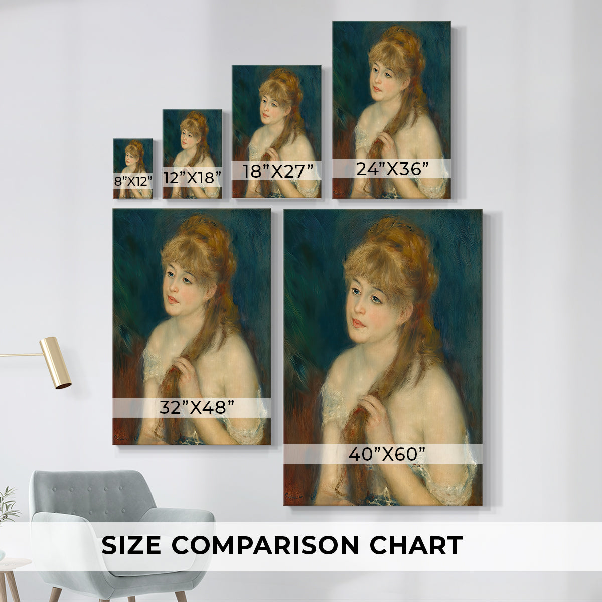 Size comparison chart for canvas art prints, showing multiple size options.