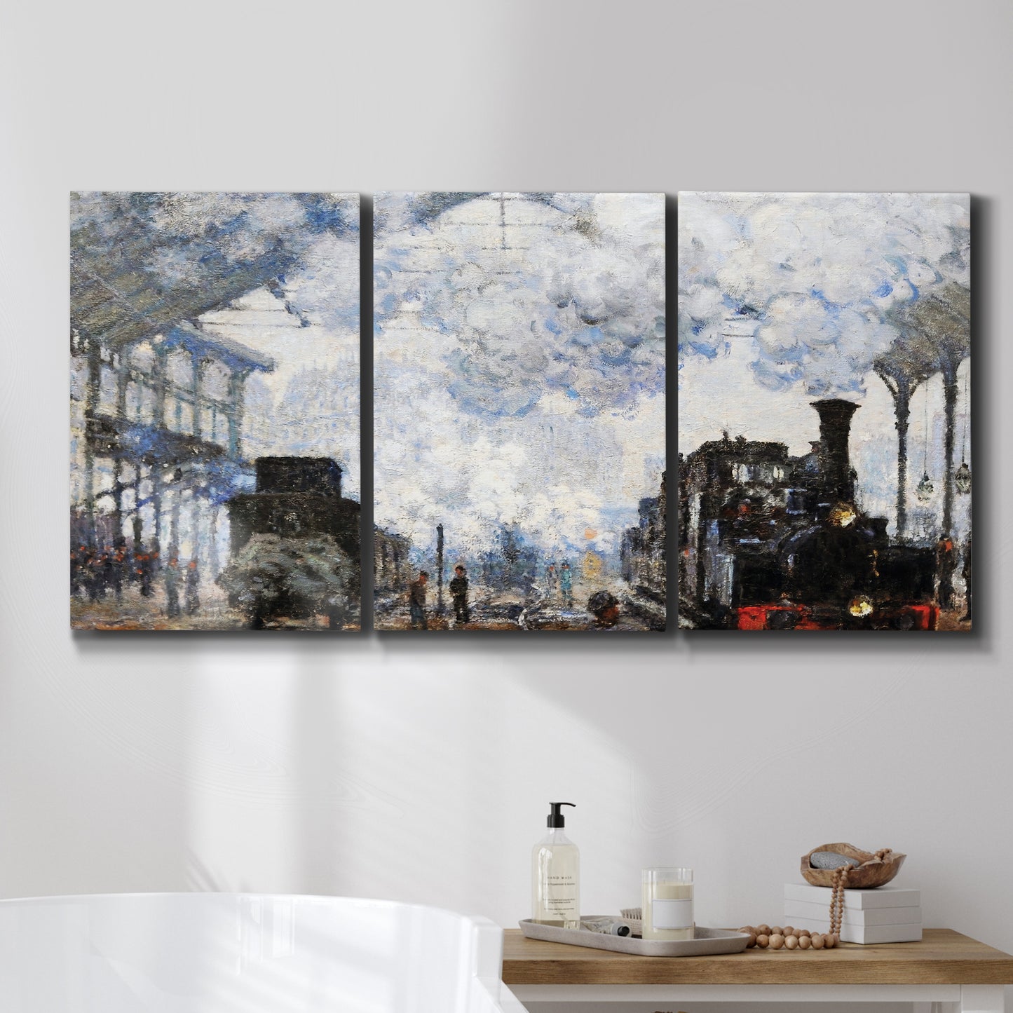 Three-panel canvas wall art featuring playful peach toned floral composition, displayed in a bathroom above a bathtub.