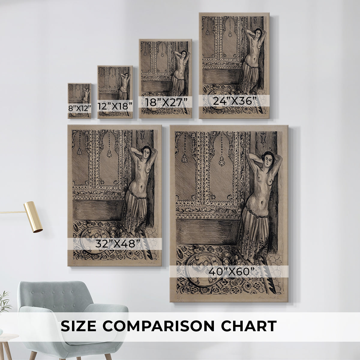 Size comparison chart for canvas art prints, showing multiple size options.