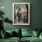 Impressionist portrait of Madame Monet sewing by Claude Monet in an ornate champagne frame displayed in a dark-toned interior setting.