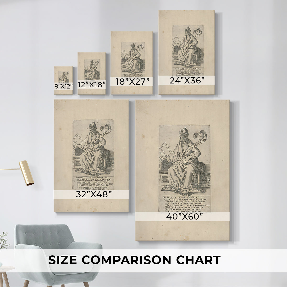 Size comparison chart for canvas art prints, showing multiple size options.