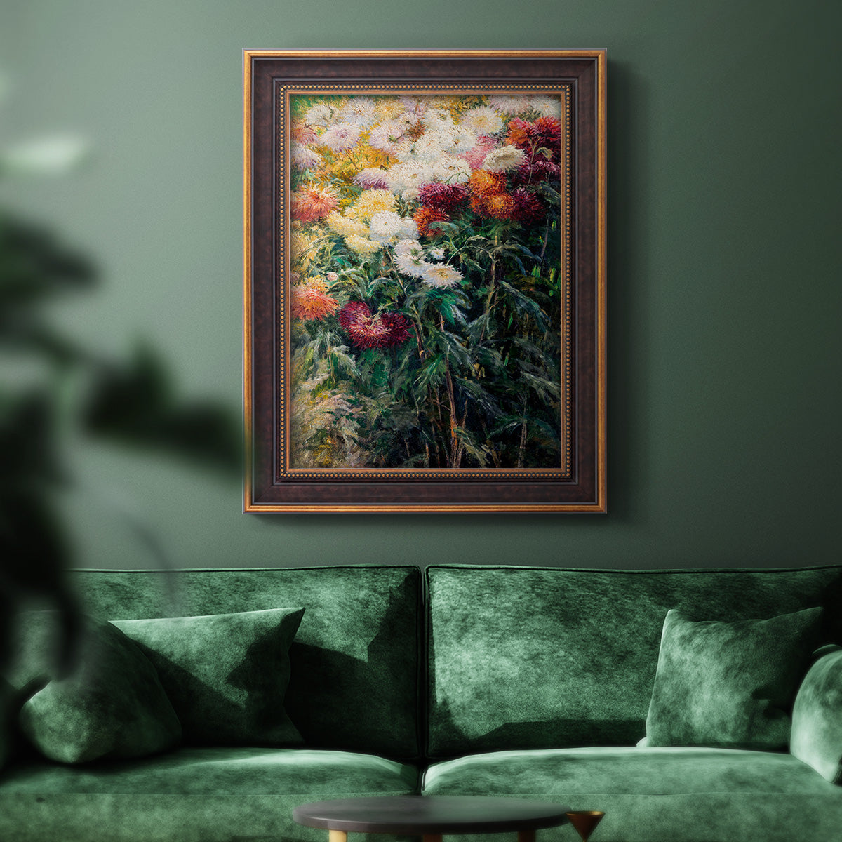 Impressionist garden floral painting by Gustave Caillebotte in an ornate bronzed mahogany wood frame displayed in a dark-toned interior setting.