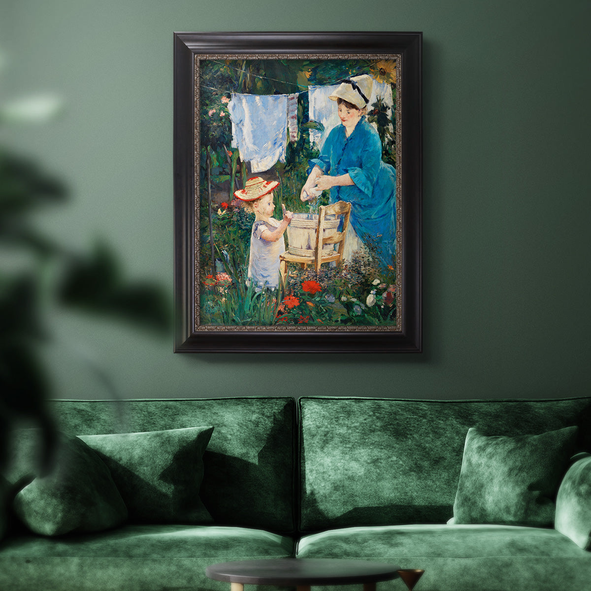 Intimate domestic genre scene by Édouard Manet in an ornate black frame with gilded inner detail displayed in a dark-toned interior setting.