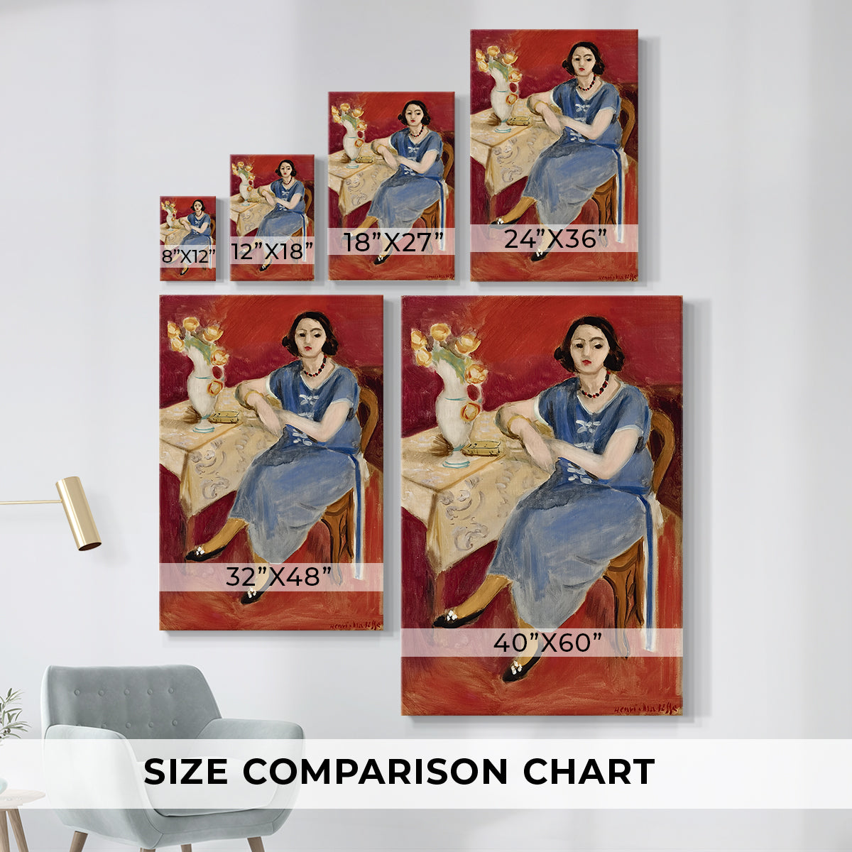 Size comparison chart for canvas art prints, showing multiple size options.