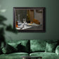 Impressionist still life with wine and bread by Claude Monet in an ornate black frame with gilded inner detail displayed in a dark-toned interior setting.