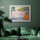 Pointillist coastal seascape by Paul Signac in an ornate weathered white frame displayed in a dark-toned interior setting.