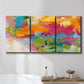 Three-panel canvas wall art featuring expressive abstract sunset tones, displayed in a bathroom above a bathtub.