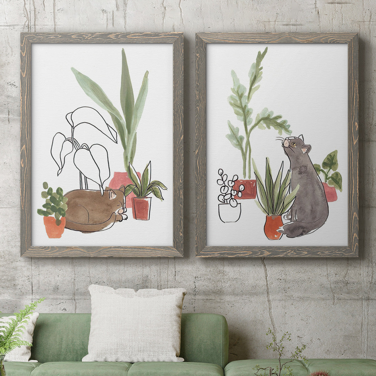 Set of two gray barnwood framed canvas prints depicting a coordinated art pair of cats tucked among collections of potted houseplants rendered as whimsical botanical animal illustrations above a sofa in a modern living room.