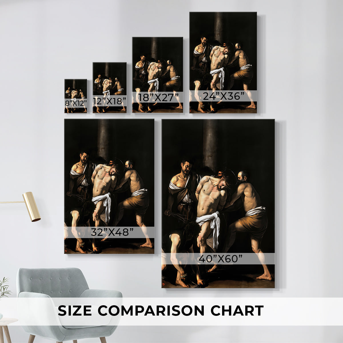 Size comparison chart for canvas art prints, showing multiple size options.
