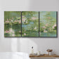 Three-panel canvas wall art featuring soft green water lilies, displayed in a bathroom above a bathtub.