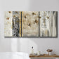 Three-panel canvas wall art featuring abstract willow inspired vertical forms, displayed in a bathroom above a bathtub.