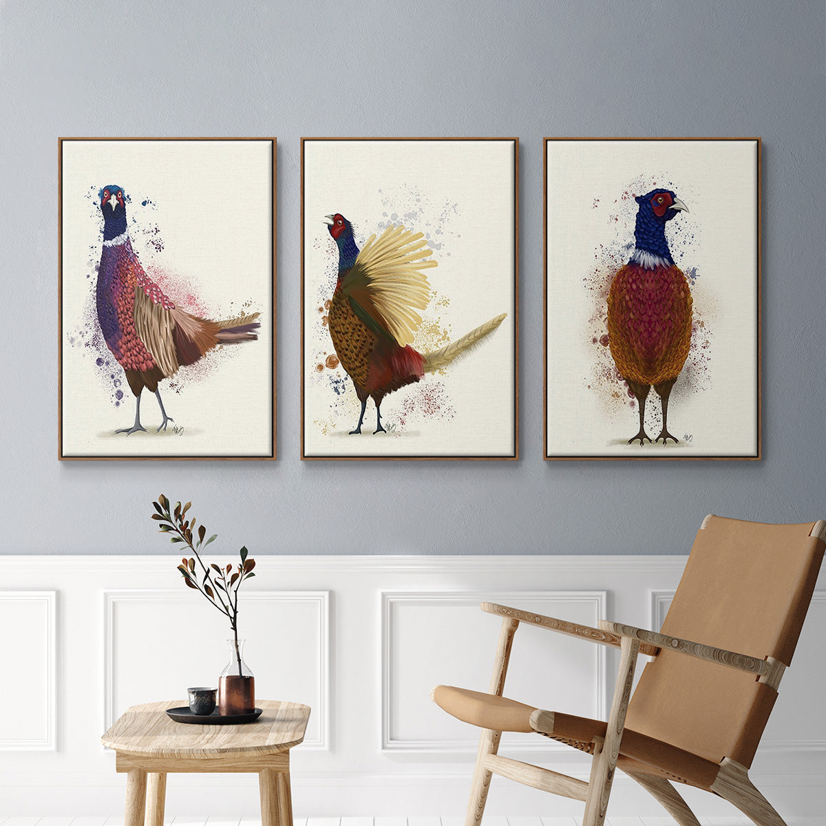 Pheasant Splash 3 - Framed Premium Gallery Wrapped Canvas L Frame 3 Piece Set - Ready to Hang