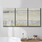 Three-panel canvas wall art featuring minimal abstract storm movement, displayed in a bathroom above a bathtub.