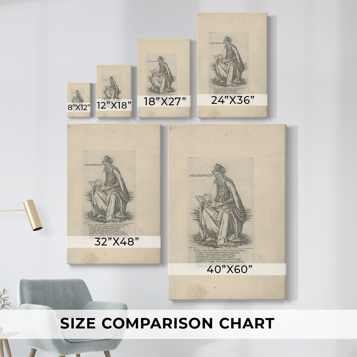 Size comparison chart for canvas art prints, showing multiple size options.