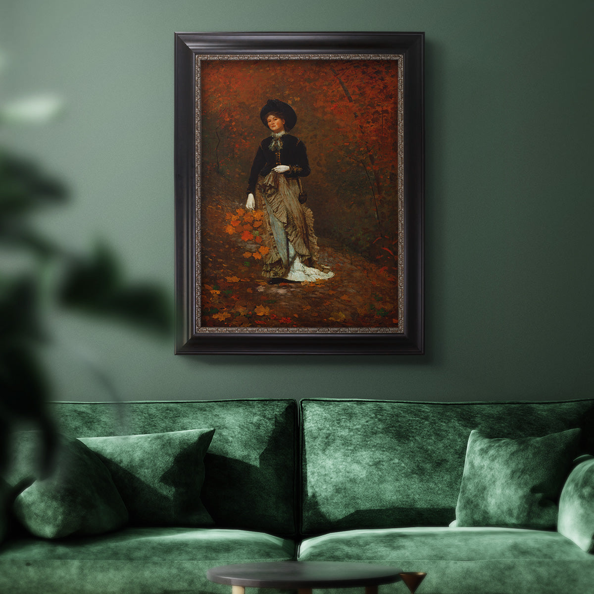 Realist autumn portrait scene by Winslow Homer in an ornate black frame with gilded inner detail displayed in a dark-toned interior setting.