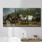 Three-panel canvas wall art featuring crowded horse fair scene, displayed in a bathroom above a bathtub.