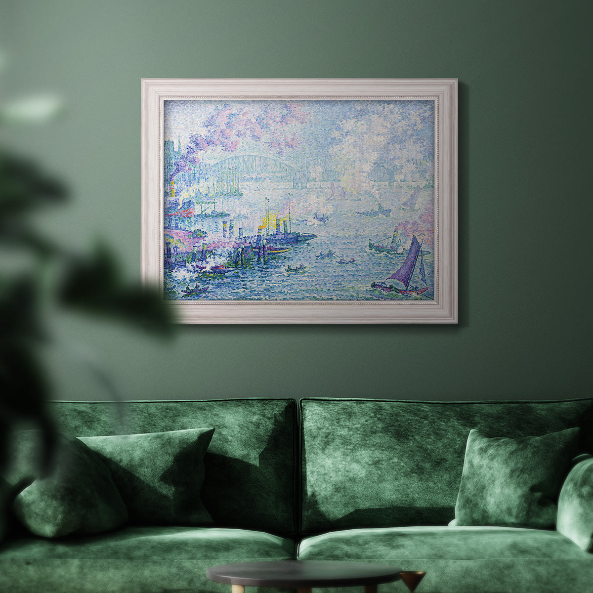 Impressionist industrial harbor scene by Paul Signac in an ornate weathered white frame displayed in a dark-toned interior setting.