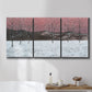 Three-panel canvas wall art featuring winter sunset snowfall landscape, displayed in a bathroom above a bathtub.