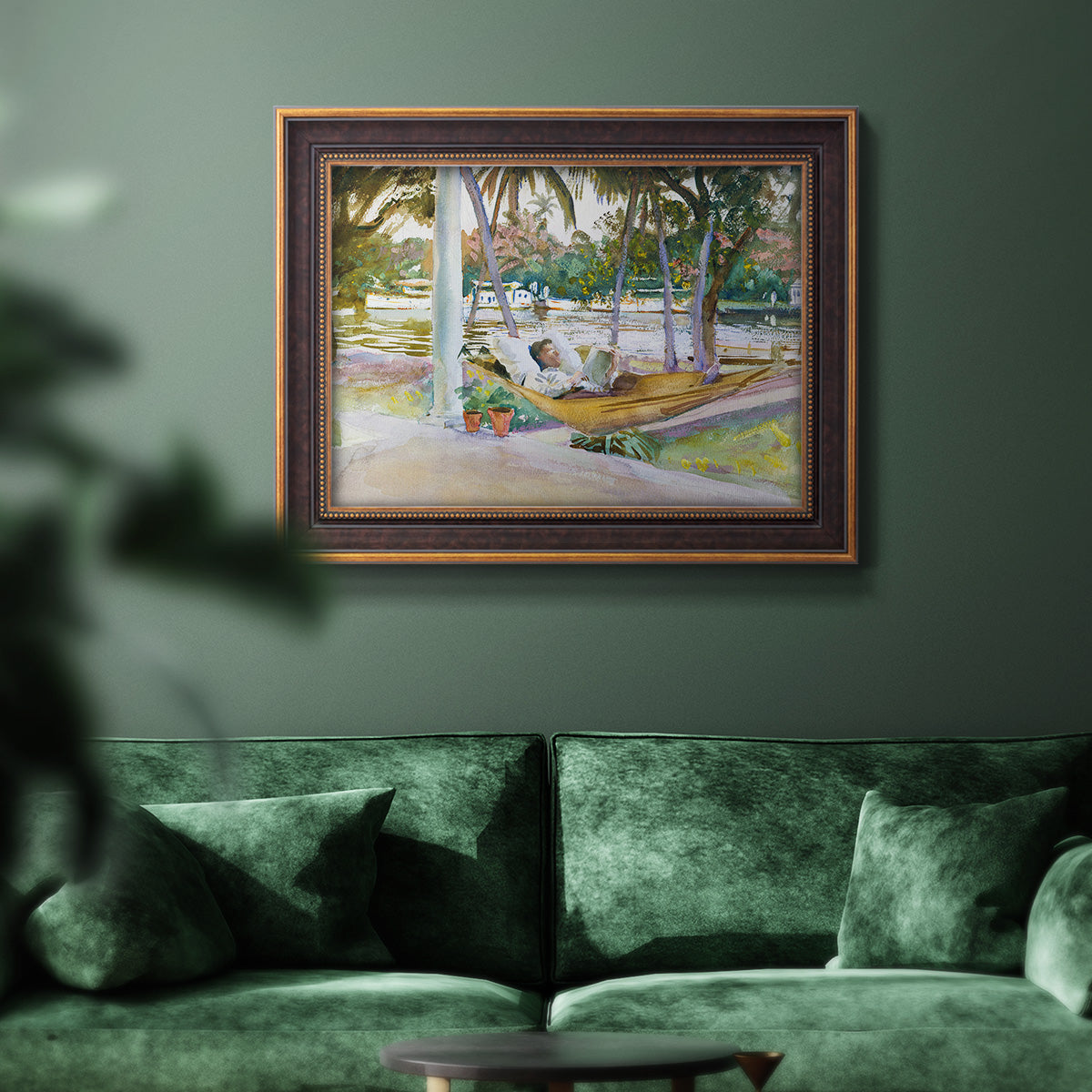 Impressionist leisure portrait scene by John Singer Sargent in an ornate bronzed mahogany wood frame displayed in a dark-toned interior setting.