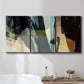 Three-panel canvas wall art featuring layered neutral abstract textures, displayed in a bathroom above a bathtub.