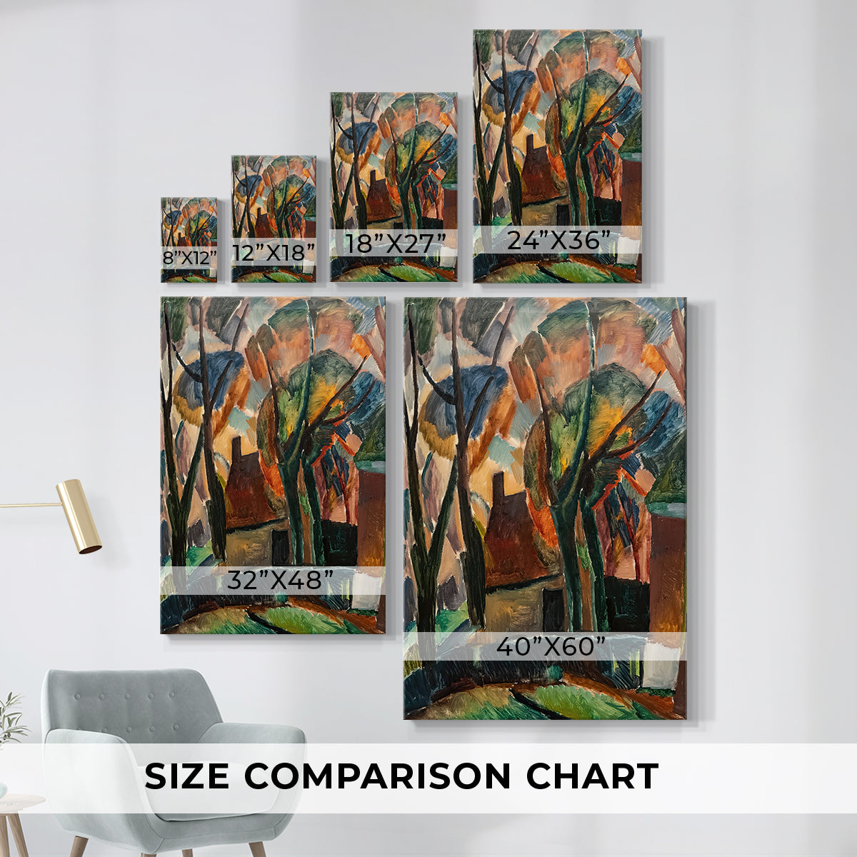Size comparison chart for canvas art prints, showing multiple size options.