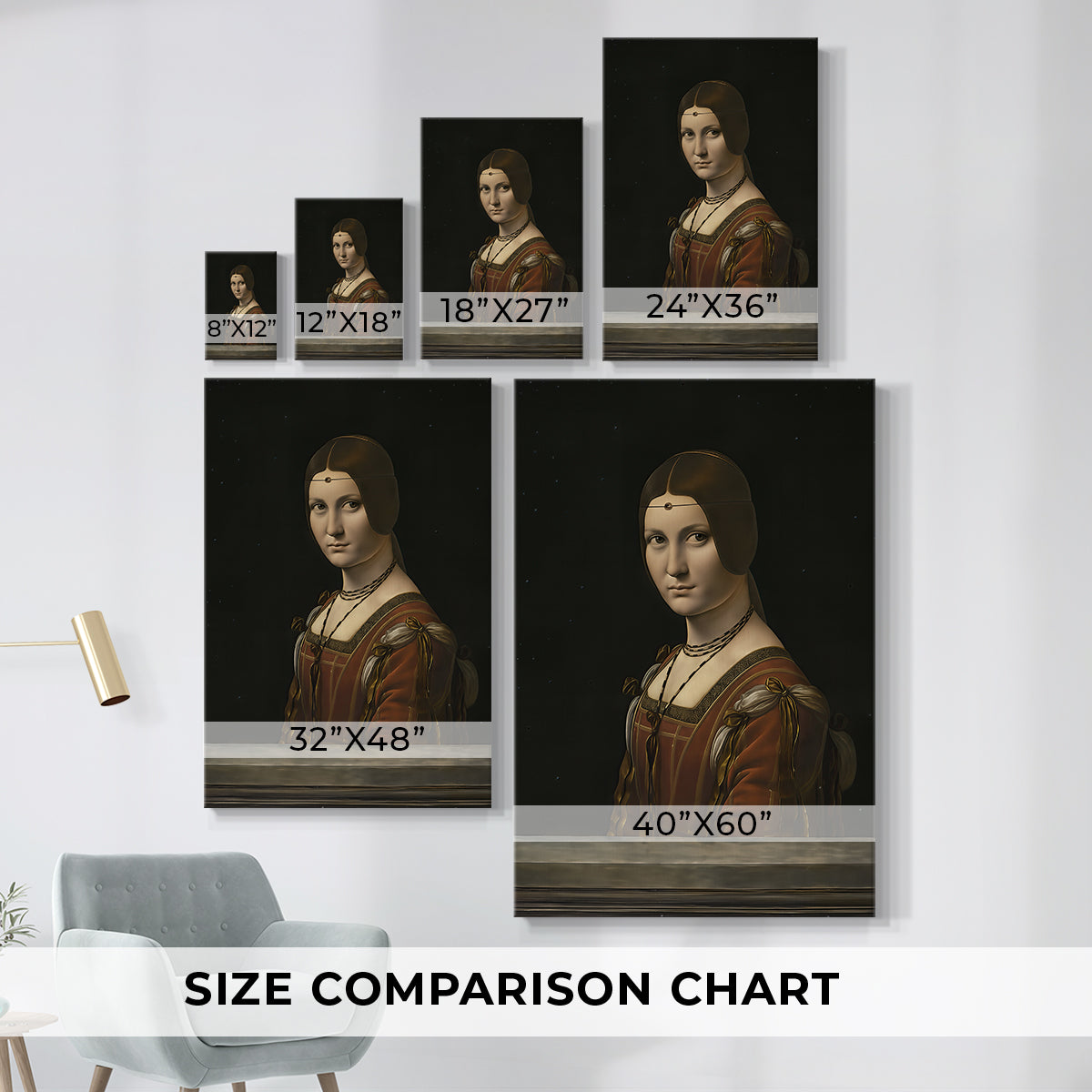 Size comparison chart for canvas art prints, showing multiple size options.
