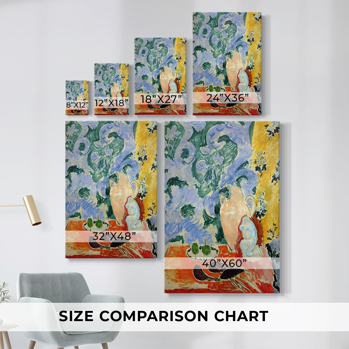 Size comparison chart for canvas art prints, showing multiple size options.