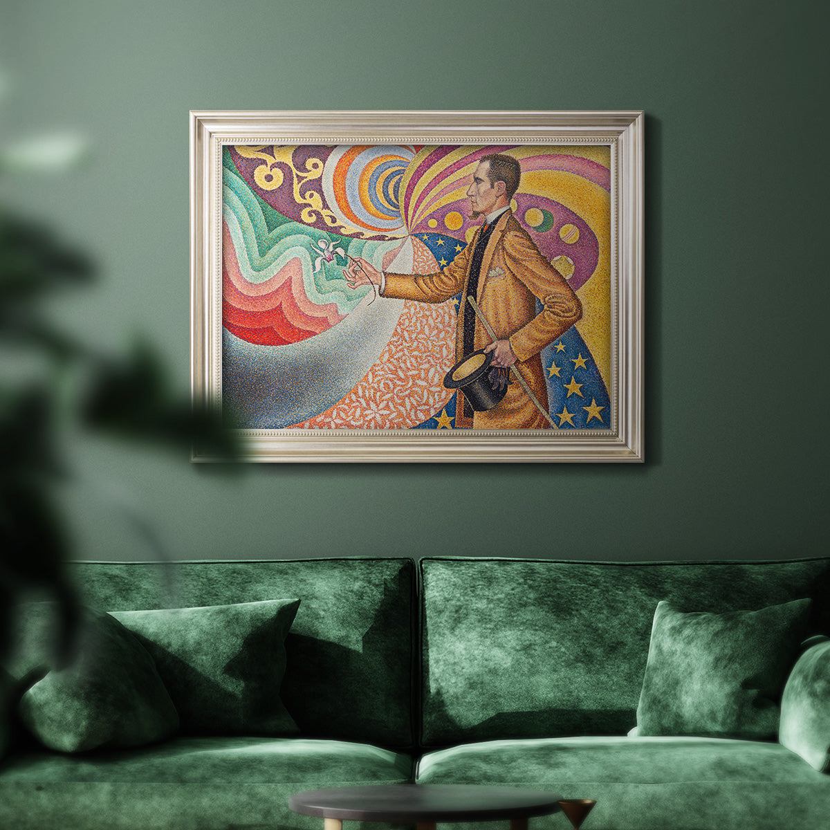 Neo-impressionist abstract portrait by Paul Signac in an ornate champagne frame displayed in a dark-toned interior setting.