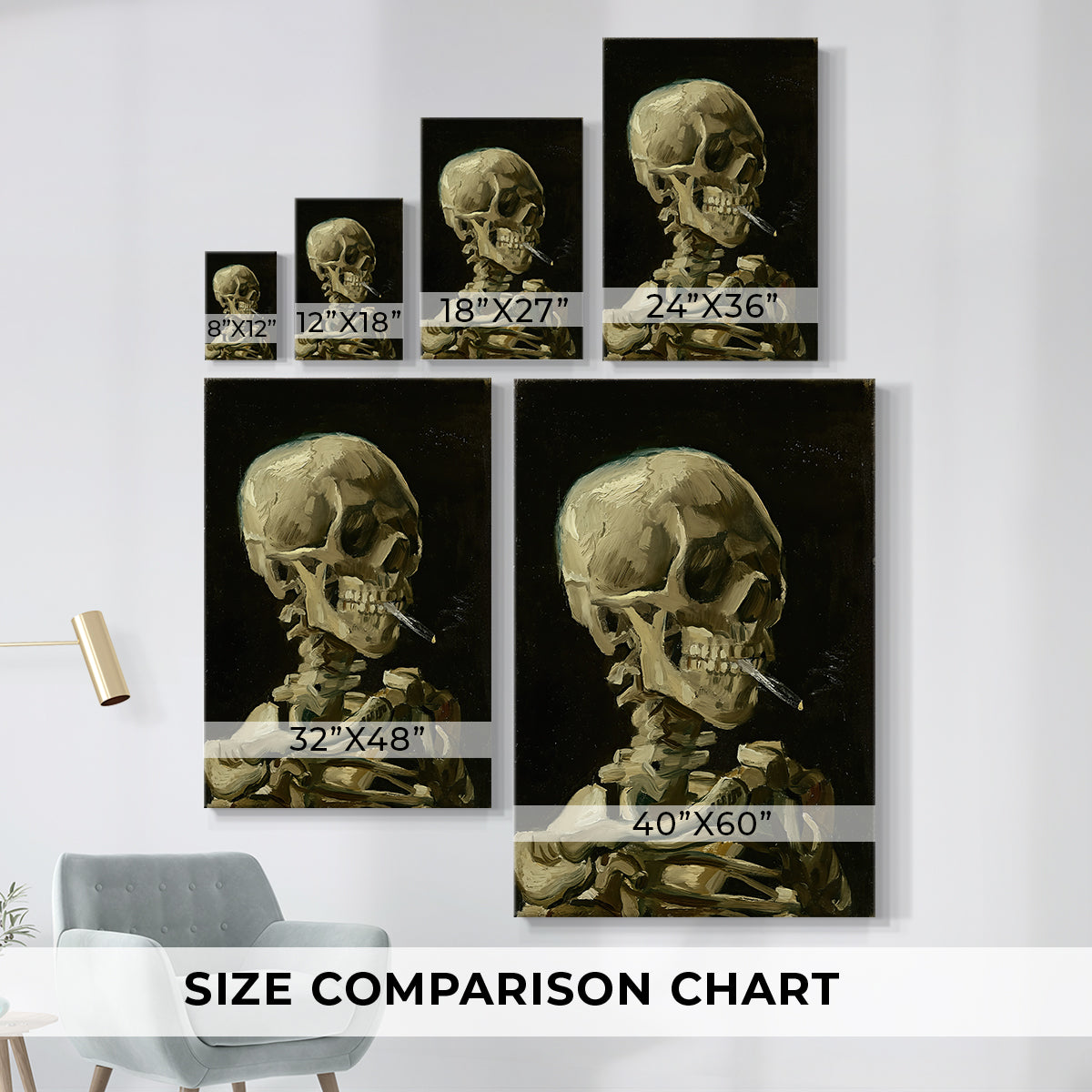 Size comparison chart for canvas art prints, showing multiple size options.