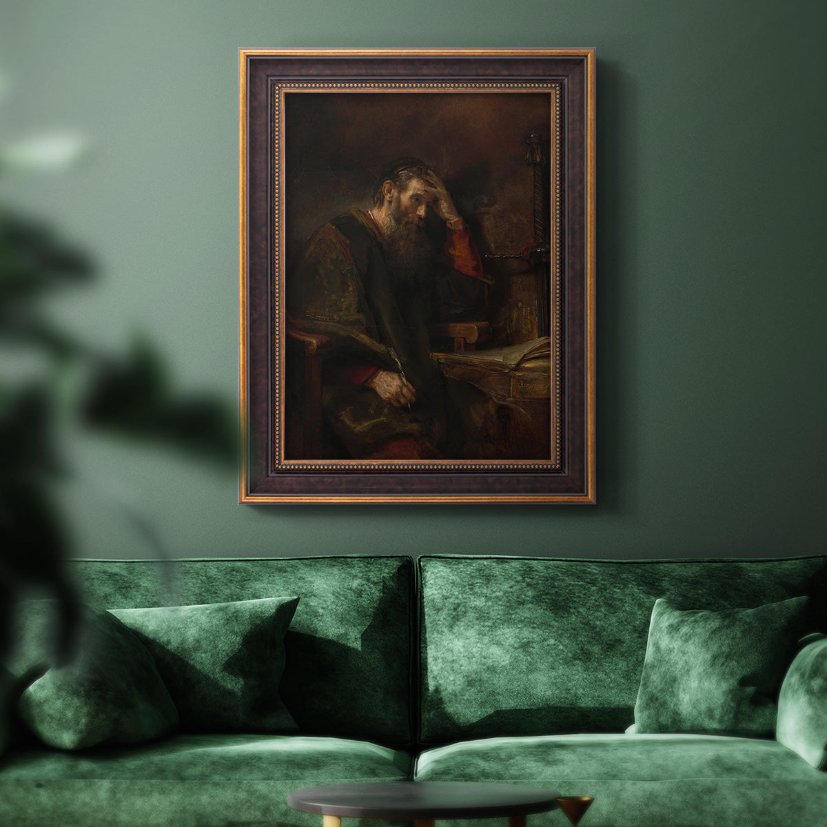 Classical religious portrait of Paul the Apostle by Rembrandt van Rijn in an ornate bronzed mahogany wood frame displayed in a dark-toned interior setting.
