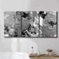 Three-panel canvas wall art featuring abstract marble texture composition, displayed in a bathroom above a bathtub.