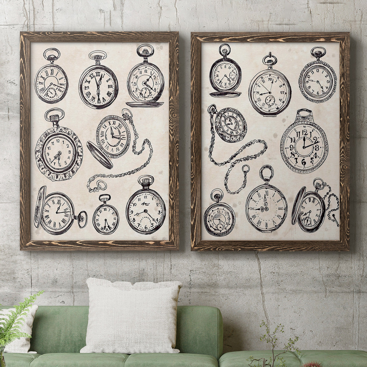 Pocket Watch Sketches I - Premium Framed Canvas 2 Piece Set - Ready to Hang