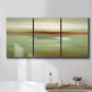Three-panel canvas wall art featuring green focused abstract color vision, displayed in a bathroom above a bathtub.