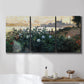 Three-panel canvas wall art featuring formal garden near museum grounds, displayed in a bathroom above a bathtub.