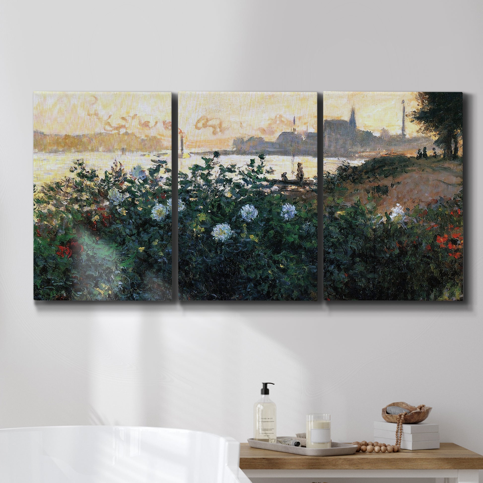 Three-panel canvas wall art featuring formal garden near museum grounds, displayed in a bathroom above a bathtub.