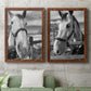 Set of two maple barnwood framed canvas prints depicting a coordinated art pair of black-and-white close-up portraits of horses at fences rendered as modern equestrian photography above a sofa in a modern living room.
