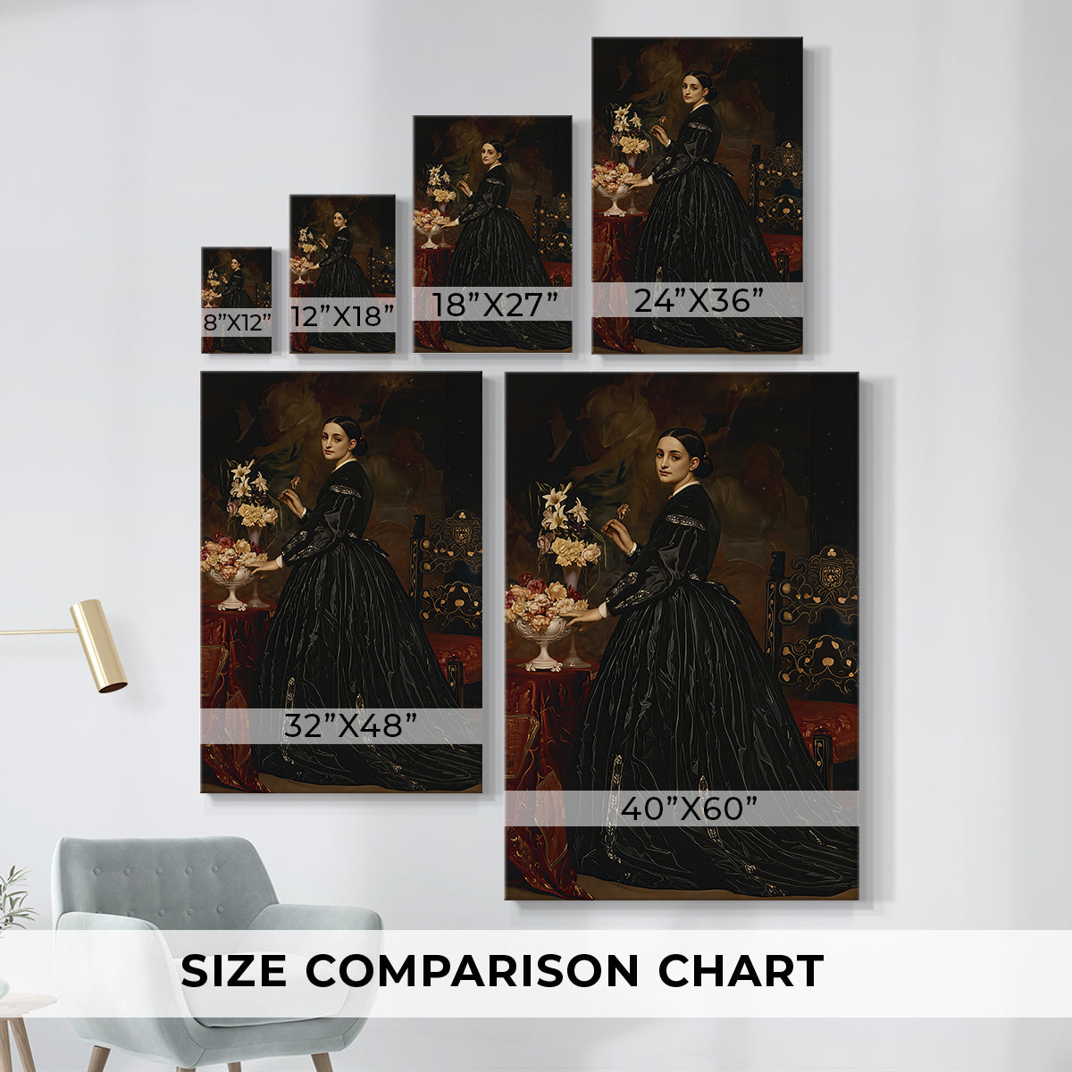 Size comparison chart for canvas art prints, showing multiple size options.