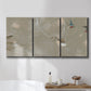 Three-panel canvas wall art featuring mid century terrazzo inspired abstraction, displayed in a bathroom above a bathtub.