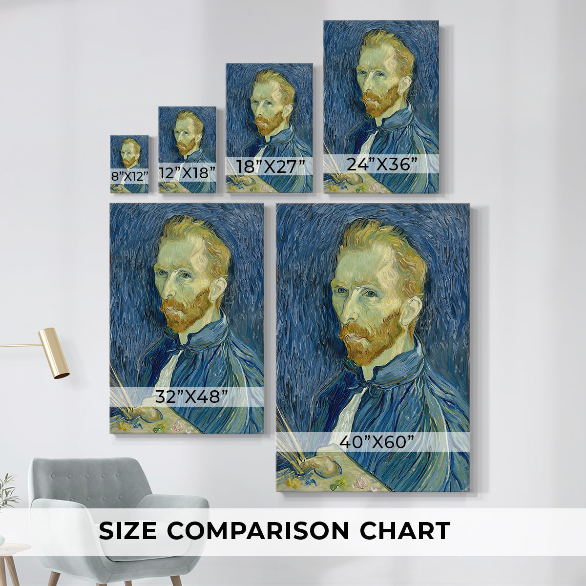 Size comparison chart for canvas art prints, showing multiple size options.