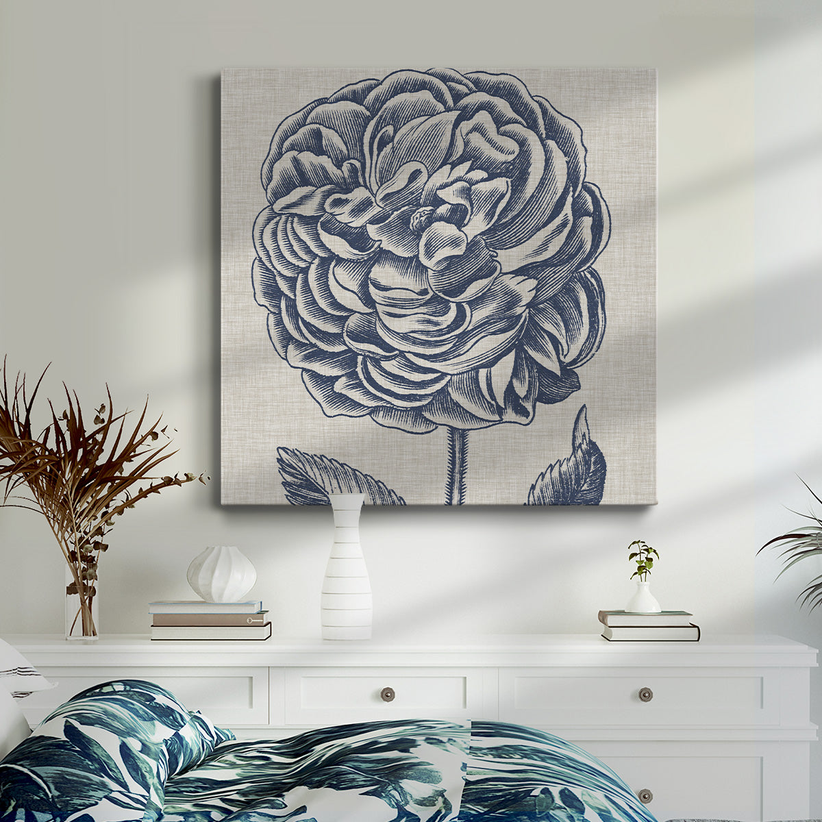 Indigo Floral on Linen V - Canvas Art Print