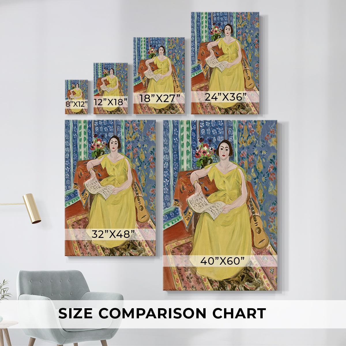 Size comparison chart for canvas art prints, showing multiple size options.